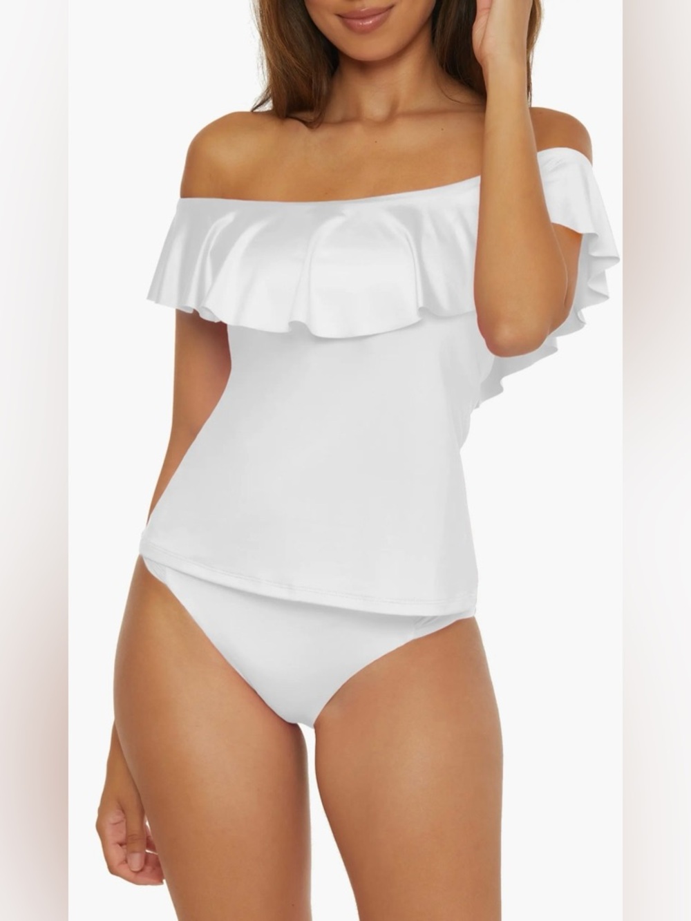 Monaco Ruffle Off-the-Shoulder Tankini Top Swimwear White Size 14 Trina Turk NWT